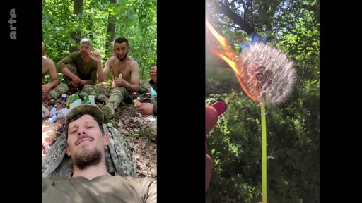 Des soldats ukrainiens en tenue de camouflage se reposent et mangent dans une zone boisée, tandis qu'une image incrustée montre une fleur de pissenlit en train de brûler. Cette séquence illustre le quotidien des militaires sur le front en Ukraine.