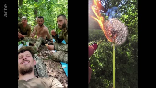 Des soldats ukrainiens en tenue de camouflage se reposent et mangent dans une zone boisée, tandis qu'une séquence montre un pissenlit en train de brûler. Cette scène illustre le quotidien des militaires sur le front en Ukraine.