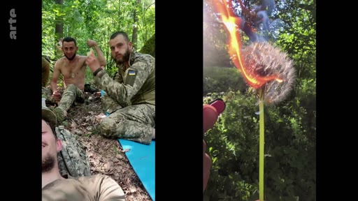 Des soldats ukrainiens en tenue de camouflage se reposent dans une zone boisée, tandis qu'une image incrustée montre une fleur de pissenlit en train d'être brûlée avec un briquet. Cette séquence illustre le quotidien des militaires sur le front ukrainien.