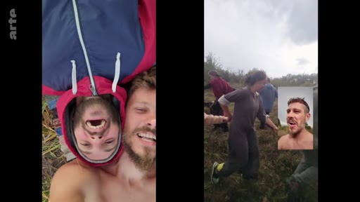 Un homme communique en appel vidéo avec des amis ou de la famille alors qu'il se trouve dans un environnement rural ou sauvage. L'image montre une interaction personnelle et émotionnelle dans le cadre d'un retour à la terre ou d'un changement de vie.
