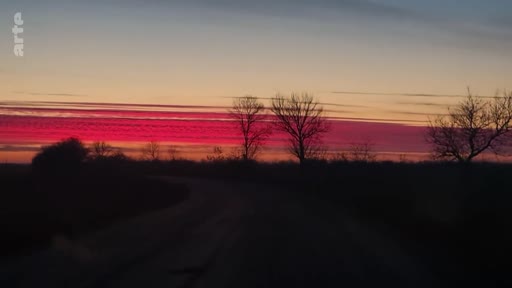 Vue panoramique d'un paysage rural au crépuscule avec un ciel rougeoyant, illustrant l'atmosphère dans la région du Donbass pendant le conflit.