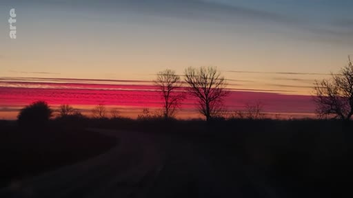 Vue panoramique d'un paysage rural au crépuscule avec un ciel rougeoyant, illustrant l'atmosphère dans la région du Donbass lors du conflit en Ukraine.