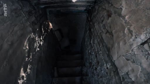 Vue en plongée d'un escalier étroit et sombre descendant vers un sous-sol aux murs en pierre dégradés, illustrant les conditions de vie précaires dans un abri souterrain.