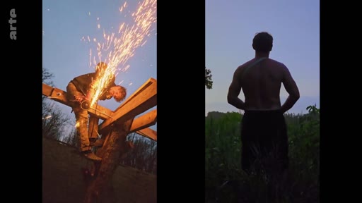 Deux vues contrastées montrant la construction du centre Goloka, avec un ouvrier utilisant une meuleuse projetant des étincelles à gauche et un homme torse nu observant la nature à droite.