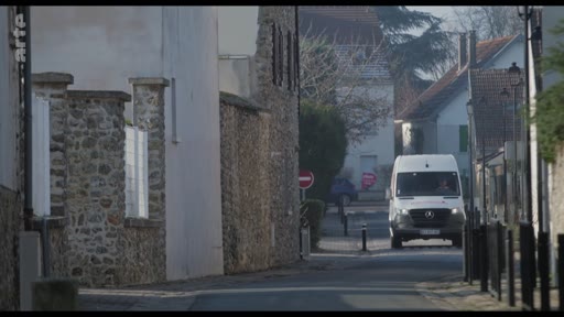 Une camionnette blanche de marque Mercedes circule dans une rue calme d'un quartier résidentiel, illustrant un déménagement ou un déplacement logistique.