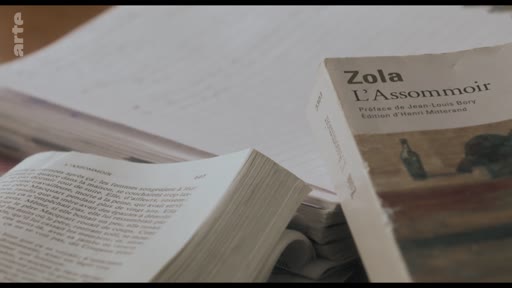 Gros plan sur une édition du roman L'Assommoir d'Émile Zola, avec une préface de Jean-Louis Bory et une édition d'Henri Mitterand, posée sur une table à côté d'autres documents.